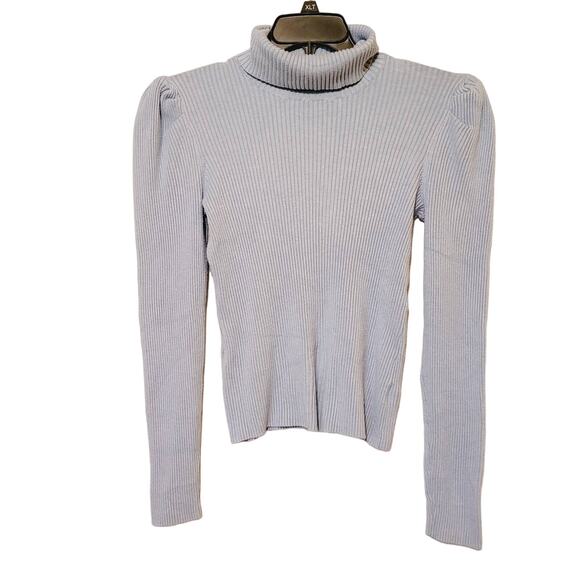 525 America womens blue ribbed puff shoulder long sleeved turtleneck sweater Med - Picture 3 of 11